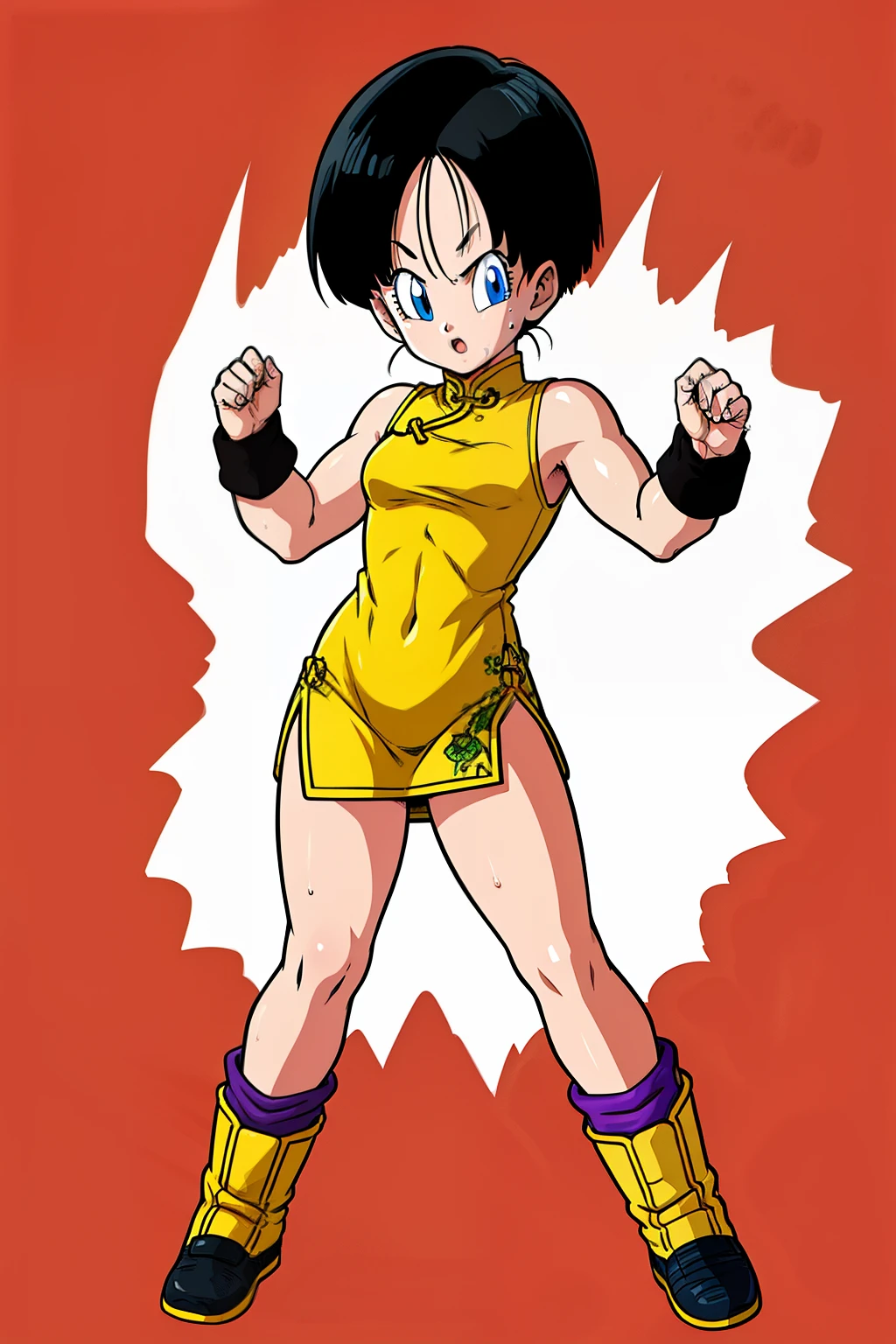 (high resolution, pixel perfect, gorgeous illustrations), (hyper quality, muste piece, etheric: 1.4), ((1girl, solo)), ((videl)), full body, ((stand,open legs)), (((muscular))), fighter, cool atmosphere, ((Exquisite face)), ((china dress)), shiny skin, gleaming skin, sweat, simple background, style_parody, anime_coloring,