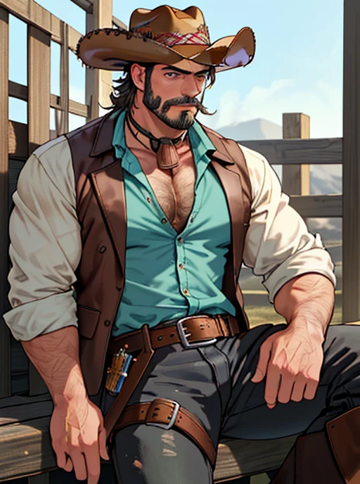 Man in High-Resolution, 1 Male Person, Western Focus, Designed Cowboy Attire, Stubble, Unbuttoned Shirt, Leather Chaps, Worn-out Boots, Cowboy Hat tilted to the side, Thick Mustache, Intense Eyes, Detailed Face, All-Over Hair: 1.2 (Short, Messy Cowboy Hair), Muscular Build, Open Shirt, Soft Smile: 1.2, Perfect Lighting, Sitting on a Horse, Leaning against a Fence, (Wearing a Bandana around the Neck: 1.2), (Wearing a Belt with Buckle: 1.2), Hy