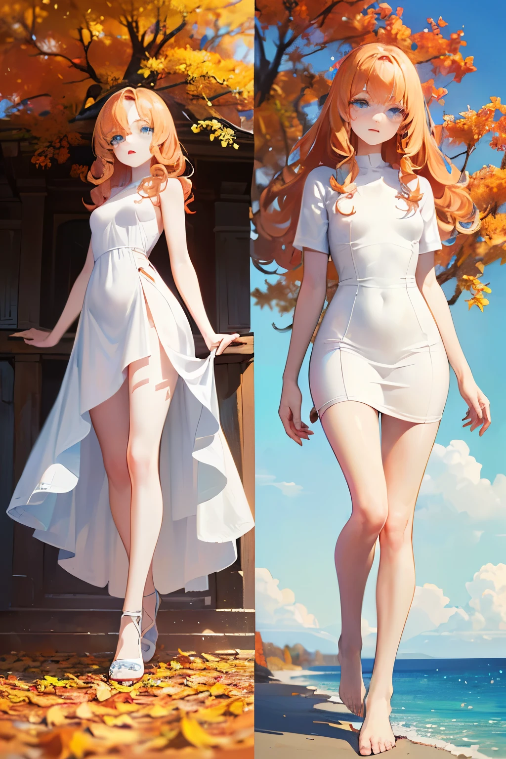 Top quality face, (full-body view), ((Top Quality, 8k, Masterpiece: 1.3)), girl, ((wavy hair, pale skin, long light ginger hair),((light blue eyes)), freckles, warm light,( 16 years old), (very small round breasts),Ultra detailed face, detailed eyes, double eyelids, (body builder:0.8),(shiny skin:1.2), (full-body view),autumn mini dress