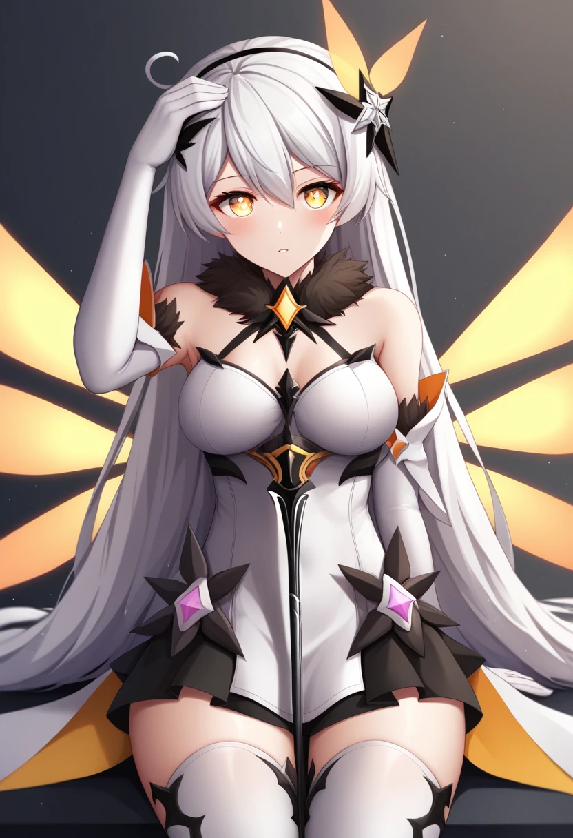 1girl, kiana_kaslana_\(herrscher_of_the_void\), solo, sitting, very_long_hair, white_hair, sidelocks, hair_ornament, large_breasts, medium_breasts, thighhighs, jewelry, spear, absurdres, depth_of_field, highres, armored_dress, bare_shoulders, commentary_request, dark_persona, diamond-shaped_pupils, elbow_gloves, energy_wings, floating_weapon, fur-trimmed_dress, hair_between_eyes, hand_on_own_head, light_particles, looking_at_viewer, parted_lips, snapping_fingers, yellow_eyes