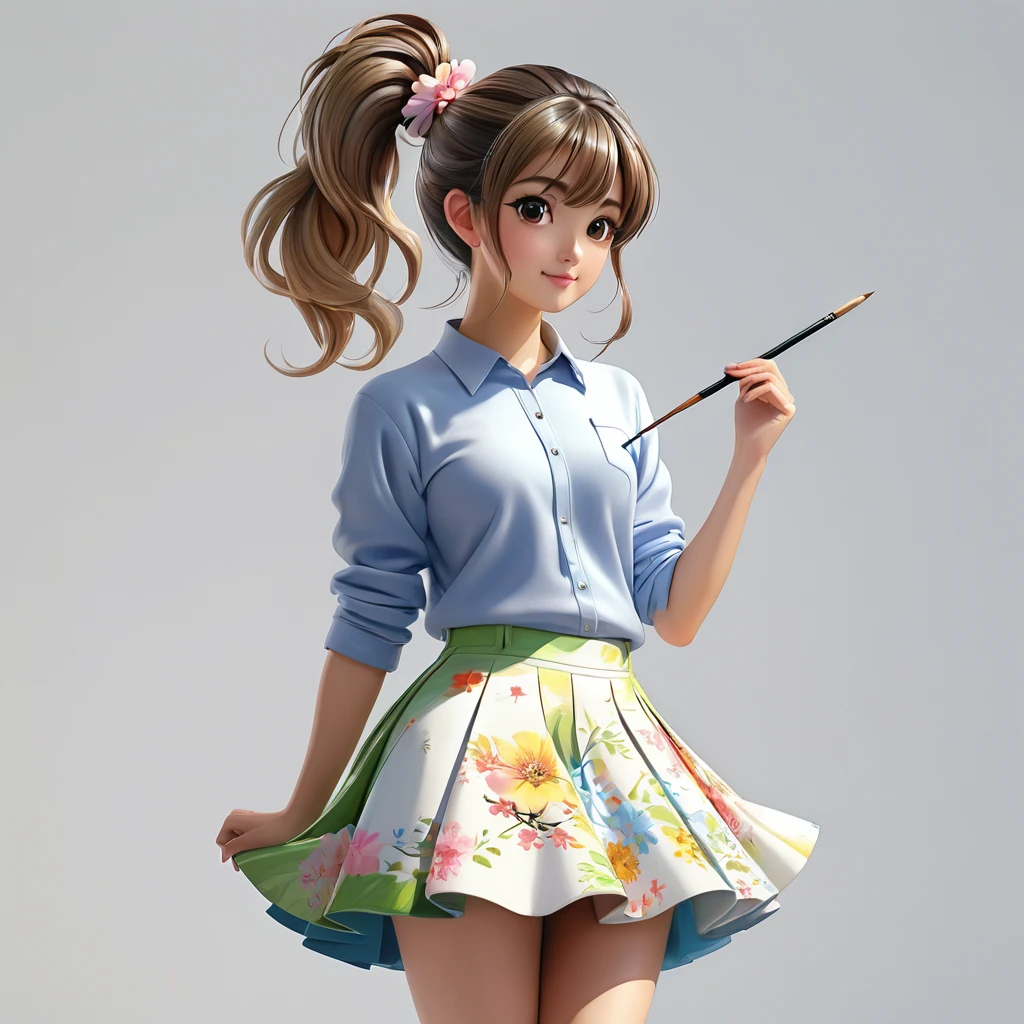A ponytailed girl、Painting of a young woman in a skirt, Lovely 3d rendering, Lovely detailed digital art, mini Lovely girl, Lovely digital painting, 3D rendering style, Lovely digital art, Lovely rendering 3d anime girl, small curve , Lovely! c4d, Single character full body, Stand on a white base