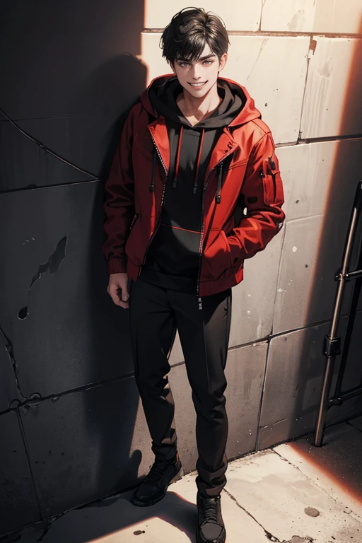 1male, Eyes look at the camera,Perfect male body, (Red jacket, Black hoodie, smile, Black hair, Against the wall,A hand in your pocket), Dark basement room, cement wall,dramatic shadow,grin, Ray tracing, Best quality, Cinematic lighting, Extremely detailed CG, 8K wallpaper,Complicated, Portrait,