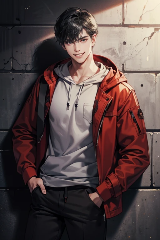 1male, Eyes look at the camera,Perfect male body, (Red jacket, Black hoodie, smile, Black hair, Against the wall,A hand in your pocket), Dark basement room, cement wall,dramatic shadow,grin, Ray tracing, Best quality, Cinematic lighting, Extremely detailed CG, 8K wallpaper,Complicated, Portrait,