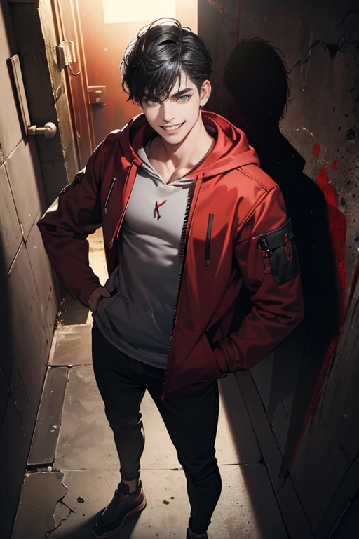 1male, Eyes look at the camera,Perfect male body, (Red jacket, Black hoodie, smile, Black hair, Against the wall,A hand in your pocket), Dark basement room, cement wall,dramatic shadow,grin, Ray tracing, Best quality, Cinematic lighting, Extremely detailed CG, 8K wallpaper,Complicated, Portrait,