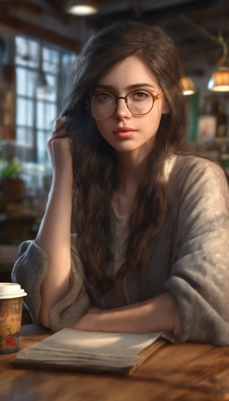 1 glasses girl, long black hair, sitting alone at table in bright cozy cafe, laptop open, warm cup of coffee nearby, hand resting on table, looking out window, serene expression, soft natural lighting, detailed intricate facial features, photorealistic, 8k, high resolution, masterpiece, (best quality, 4k, 8k, highres, masterpiece:1.2), (ultra-detailed, realistic, photorealistic, photo-realistic:1.37), HDR, UHD, studio lighting, ultra-fine painting, sharp focus, physically-based rendering, extreme detail description, professional, vivid colors, bokeh, portraits, concept art, warm color tones
