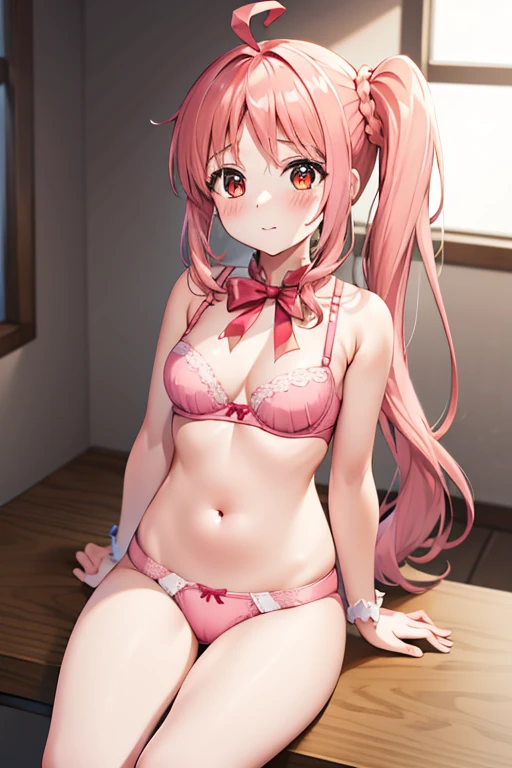 (Tabletop), highest quality, High resolution, 4K, One Girl, alone, blush、Nice hands, 1 in, Side Ponytail, Long Hair, Ahoge, Cute Underwear、Pink Bra、Pink Panties、Red Bow, White socks,