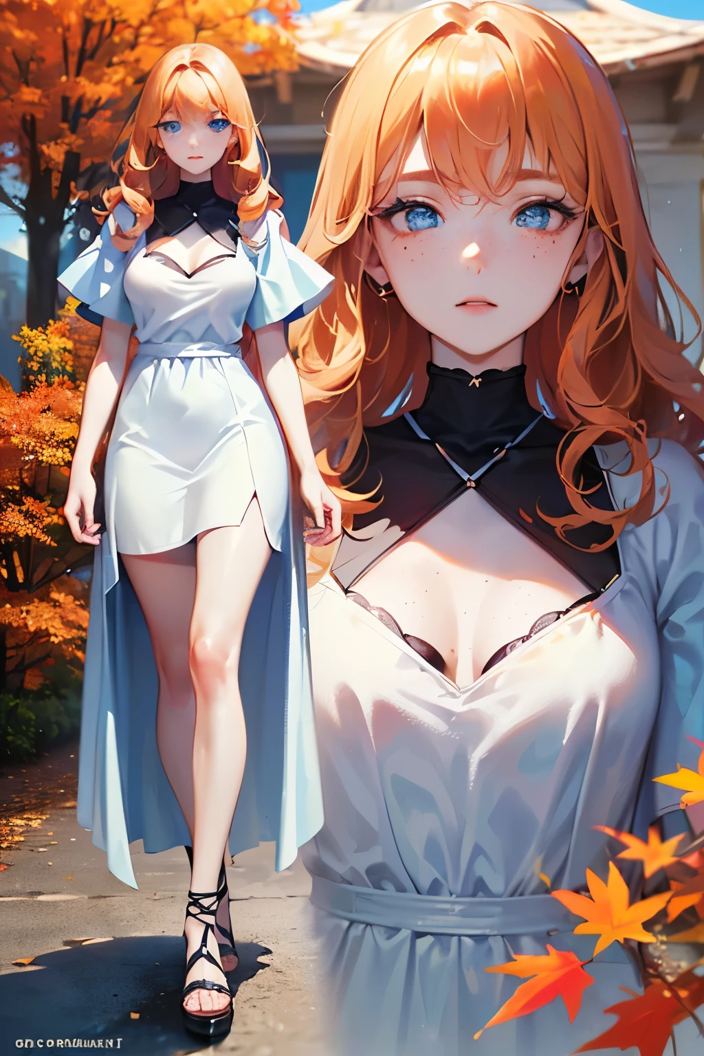 Top quality face, (full-body view), ((Top Quality, 8k, Masterpiece: 1.3)), girl, ((wavy hair, pale skin, long light ginger hair),((light blue eyes)), freckles, warm light,( 16 years old), (very small round breasts),Ultra detailed face, detailed eyes, double eyelids, (body builder:0.8),(shiny skin:1.2), (full-body view),autumn dress