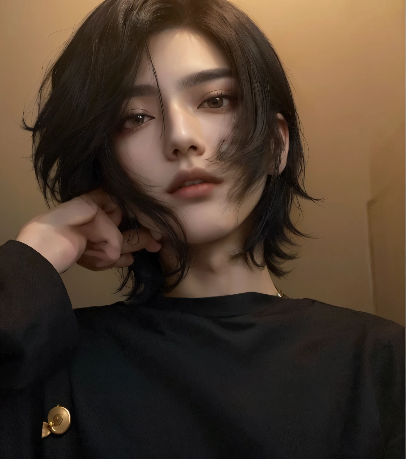 arafed woman with a black shirt and a gold brooch, androgynous face, androgynous, androgynous person, with short hair, androgynous male, xqc, taken in the early 2020s, handsome japanese demon boy, androgyny, 18 years old, male ulzzang, cai xukun