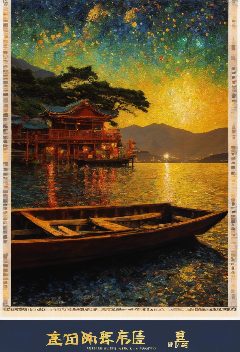 Van Gogh's painting style, Hong Kong Victoria Harbor night view, Starry Night, Color Field Painting, Impressionism, Chiaroscuro, Vanishing Point, Wide Shot, Ultra Wide Angle, 8k, Super detailed, Accurate, 最high quality, masterpiece, 最high quality,big, Big fireworks falling on the mountain. Fuji in Japan. Lakeside. 32k, high quality