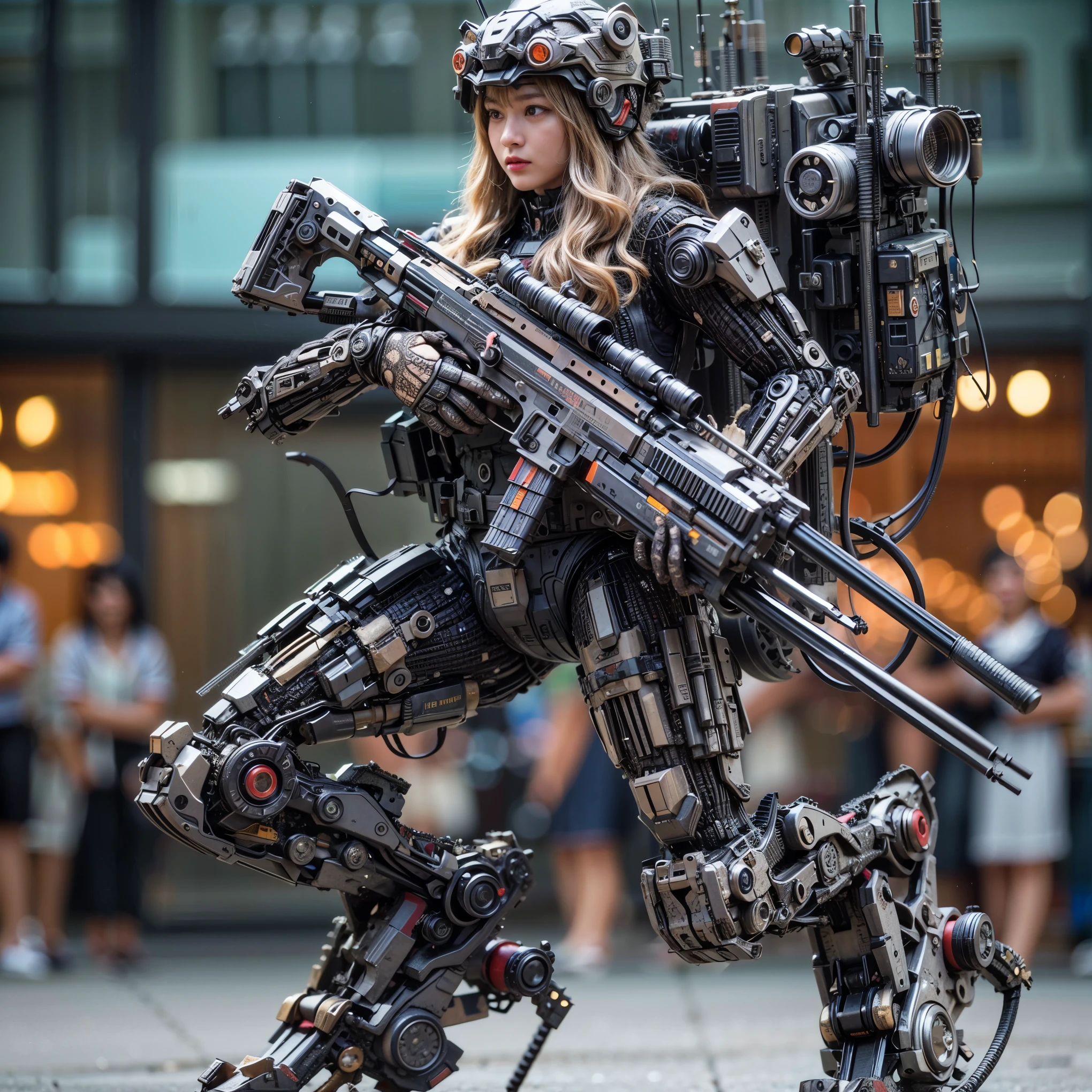 ultra high res,8k,(Photorealsitic:1.4), (beast-like animal wear:1.2), designed by Hajime Katoki,heavy weapons,vivid textures,animal legs, gradation hair, japanese female soldier,(ultra beautiful face),((super realistic all textures)), ((super intricate all details)), full body shot, ultra sharp photo result, Acrylic Clear Cover, Hydraulic cylinder, style, taken with Fuji film X-T30+Nokton. HDR10,Minimum of 4 pieces created