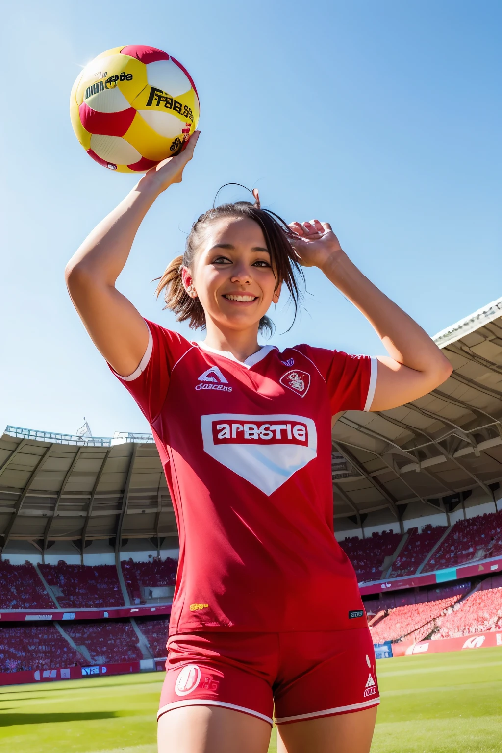 femme posant pour une photo,(Frapper le ballon,wearing Stade brestois 29 Jersey:1.3),uniforme verte, bonne main,4k, high resolution, chef-d&#39;artwork, Best quality, Head:1.3,((Photographie Hasselblad)), finely detailed skin, Sharpness, (Cinematic lighting), clavicule, Nuit, soft lighting, angle dynamique, [:(detailed face:1.2):0.2],(((to l&#39;interior_football_champ))), dehors,