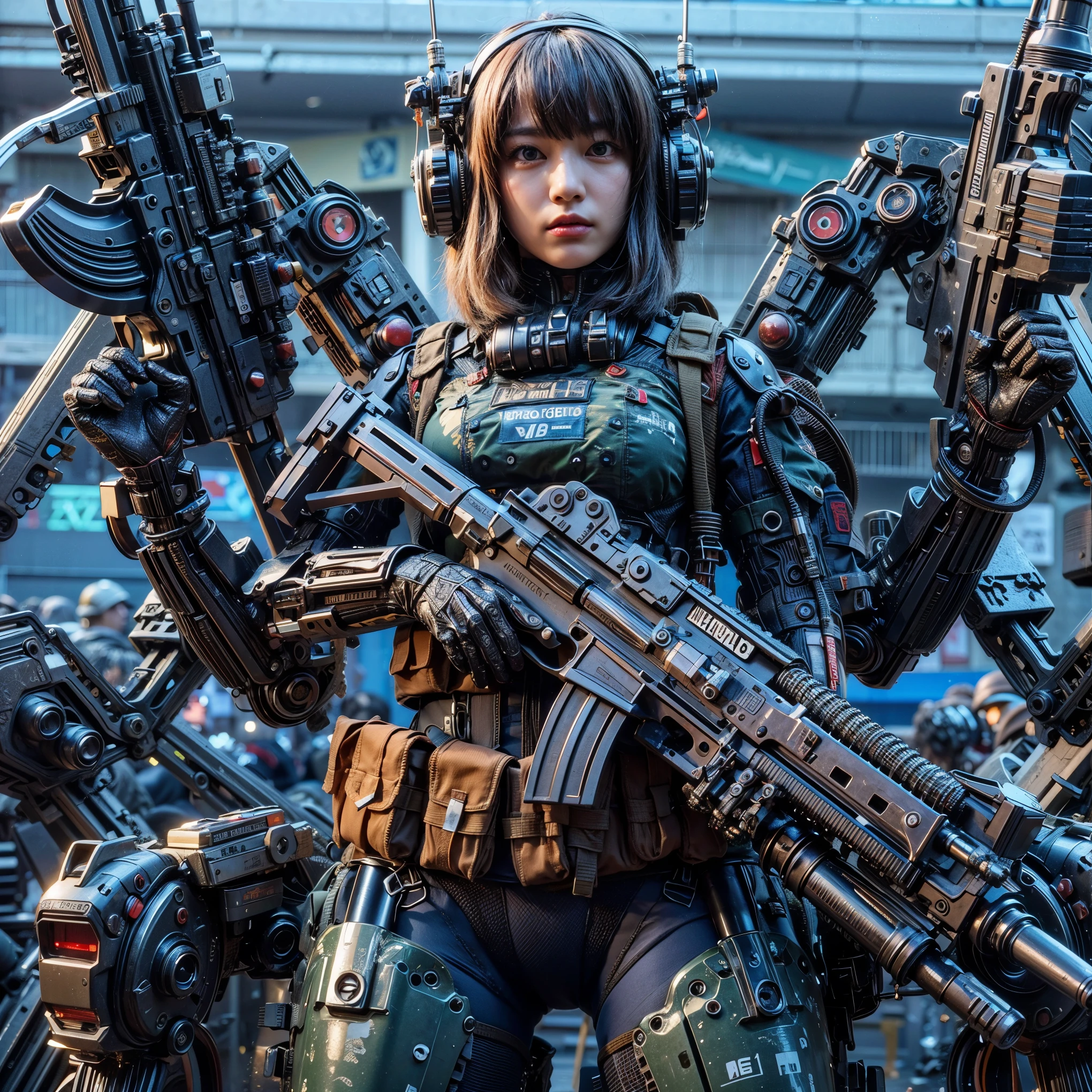 ultra high res,8k,(Photorealsitic:1.4), (beast-like animal wear:1.2), designed by Hajime Katoki,heavy weapons,vivid textures,animal legs, gradation hair, japanese female soldier,(ultra beautiful face),((super realistic all textures)), ((super intricate all details)), full body shot, ultra sharp photo result, Acrylic Clear Cover, Hydraulic cylinder, style, taken with Fuji film X-T30+Nokton. HDR10,Minimum of 4 pieces created