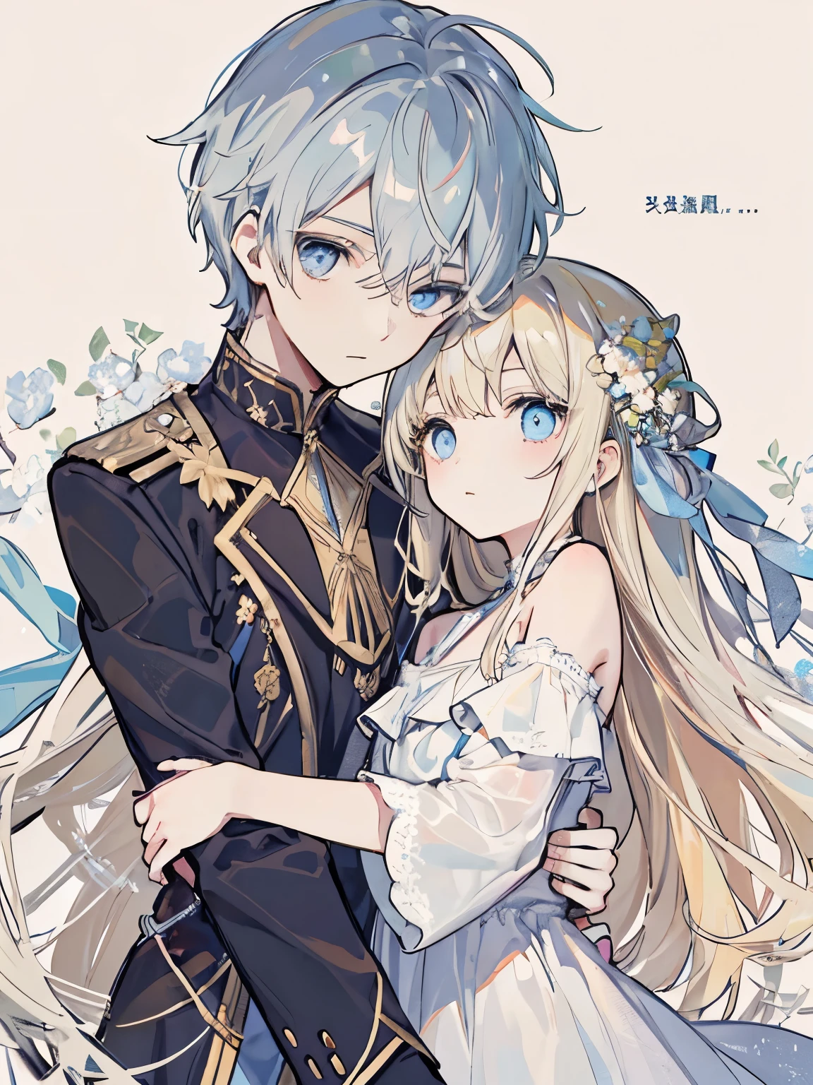 Blonde blue-eyed girl、A mysterious young man embracing a girl、Girl in off-the-shoulder dress、The girl is expressionless、Light blue dress、Silver-haired young man、Long Hair、High quality、Jewel Eyes、Depth of written boundary、Dried flower、Girl's headdress、Young man's gentleman's attire、The young man smiles meaningfully.、Spacey girl、Hollow-eyed girl