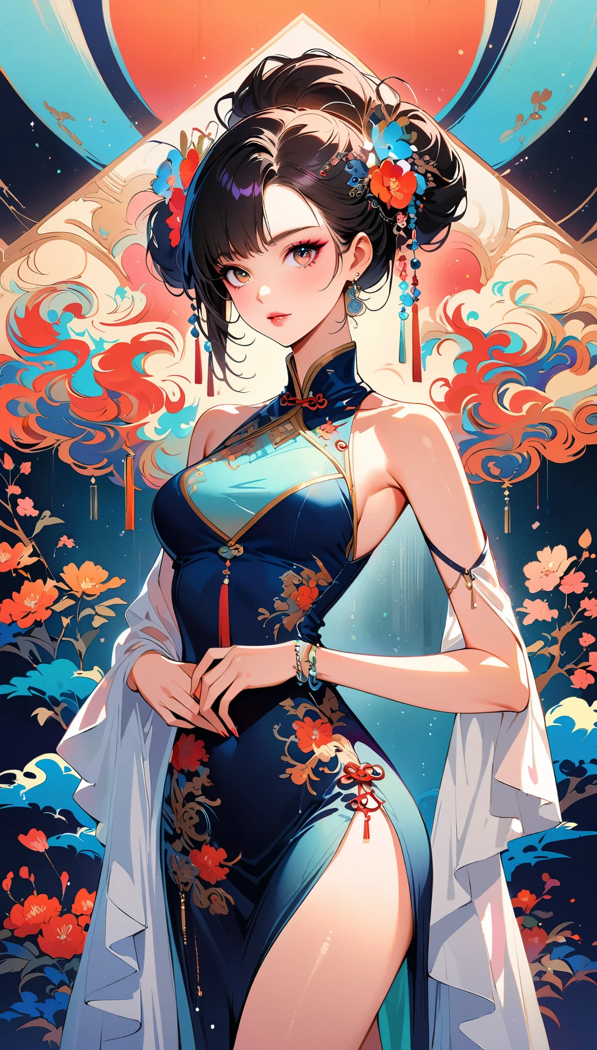 Sexy in Chinese cheongsam,illustration,High-end fashion,Beautiful and delicate eyes,Beautiful and delicate lips,Long eyelashes,Exquisite makeup,Vibrant colors,posture,Attractive background,stylized lighting,editing style,Chinese cultural elements,Exquisite embroidery,Detailed pattern,A modern twist,Feminine charm,complicated,Futuristic,Chic hairstyle,Exquisite accessories,Tempting,Wearing stylish high heels,Luxurious fabrics,Beautiful movements,Confident expression,Ethereal atmosphere,Colorful composition,Impeccable attention to detail,Modern elegance,expressive eyes,Dramatic Lighting,Seamless integration,Artistic talent,Rich texture,Perfect fashion sense,Colored lights,sensual atmosphere,A bold fashion statement,Stylish composition