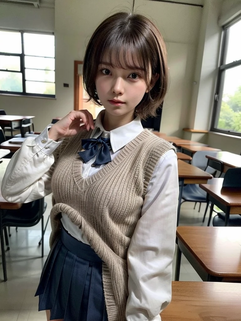 Masterpiece, Top Quality, Top Mikoto, brown eyes, short hair, small breasts, looking at viewer, alone, closed mouth, collared shirt, beige knit vest, dark blue Skirt, school_uniform, shirt, white_shirt, classroom,Masterpiece, highest quality, 8K, detailed skin texture, fine cloth texture, beautiful detailed face, intricate details, super detailed,cute,cute posing,composition that shows the whole body,