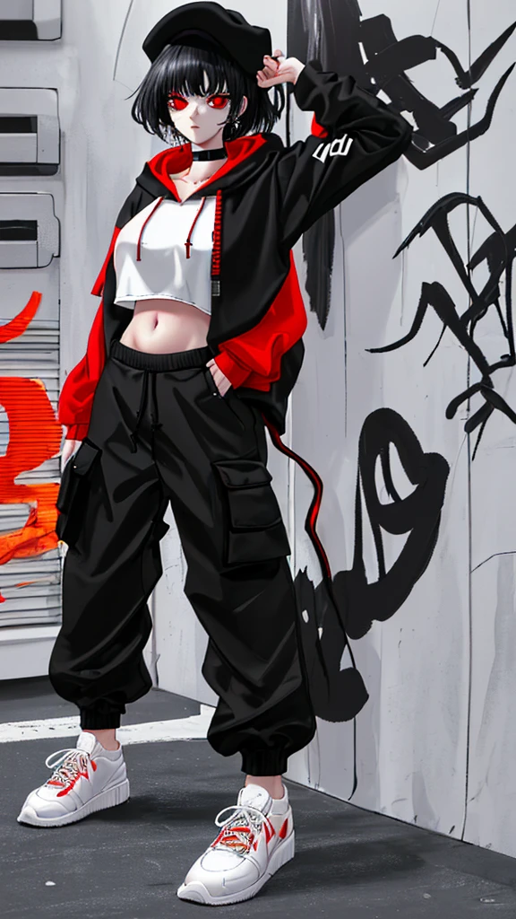 White sneakers, black cargo pants, A crimson hoodie that shows your navel., black choker, woman wearing a white hat(black hair red eyes)