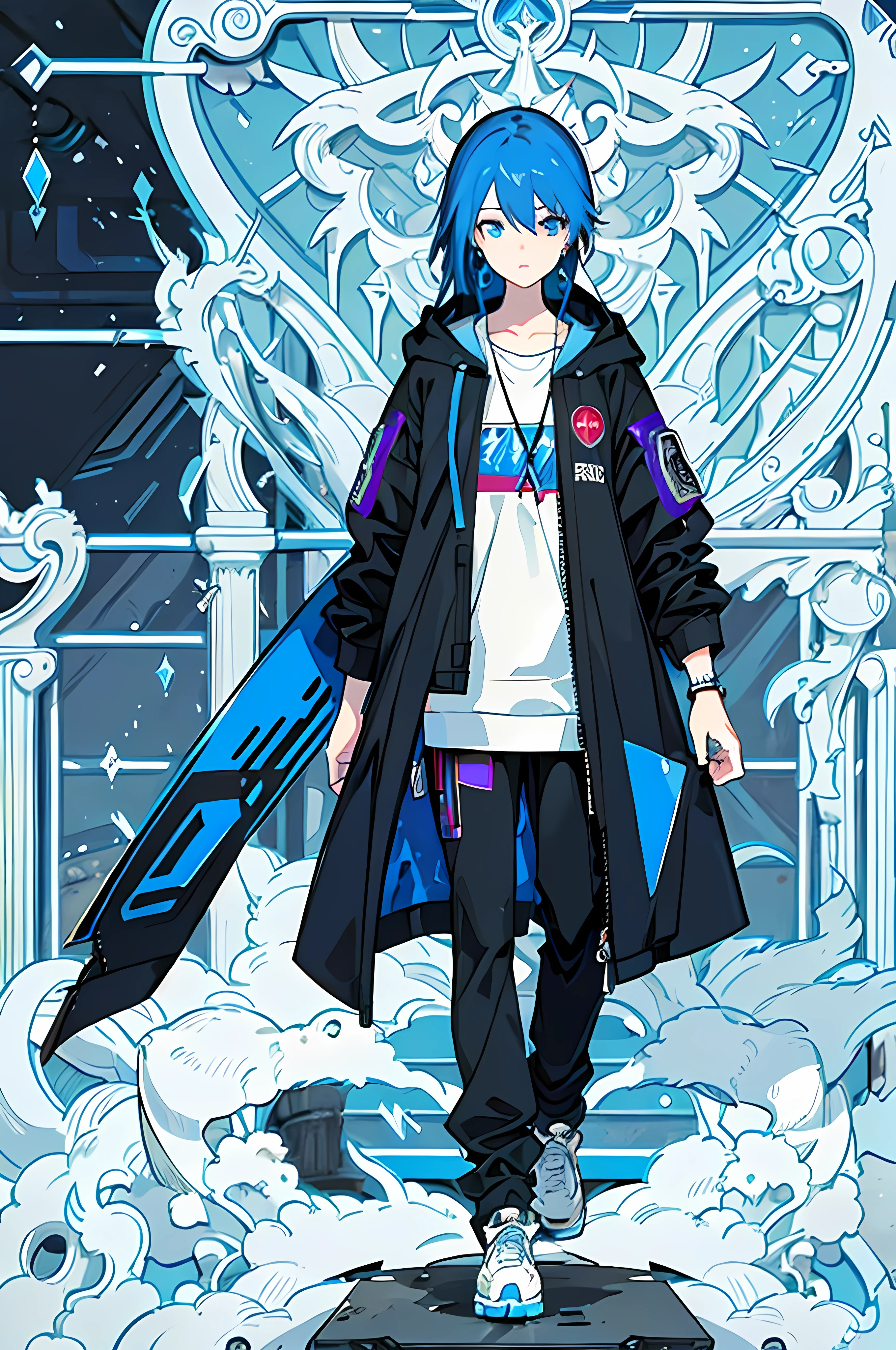 (((highest quality)))、masterpiece、Blue Hair、(25 year old boy)、Blue Eyes、Beautiful hands、((Cyberpunk Style))、Hooded、(whole body)、Standing、Beautiful eyes、((High resolution))、(Earrings)、Detailed design clothes