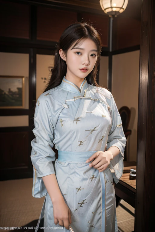 1girl, solo picture, Kim Yoo-jung, (beauty goddess face (mixRussian)), (sexy hanfu cloath), (8k HD extremely realistic detailed face:1.5 (soft scene, very low lightning),  masterpiece:1.3, ultra highres:1.2, dynamic lighting), cinematic scene, 