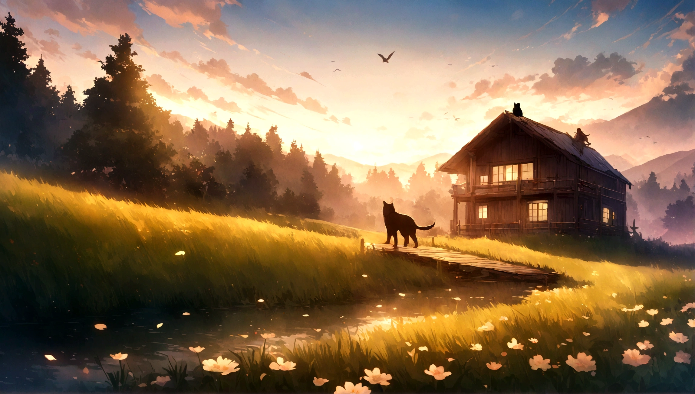 Rural landscape、Gentle light、Wooden house in the foreground、Birds flying in the sky、A relaxing space、Walking black cat、Peaceful scenery、