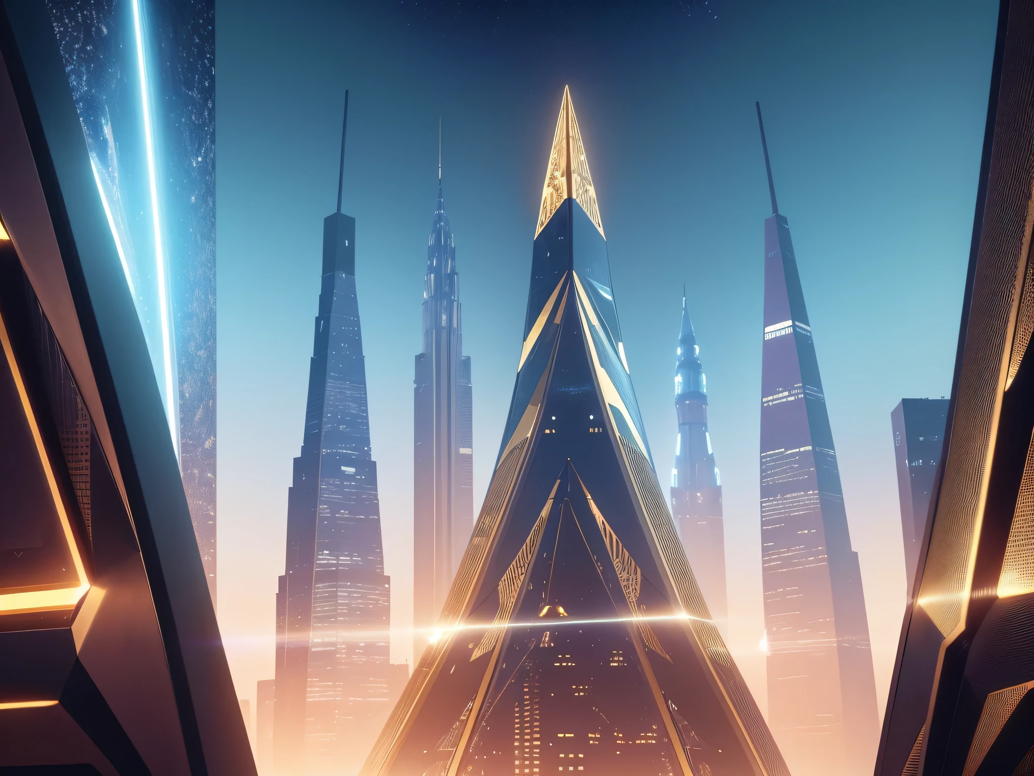 A futuristic background of a golden glass pyramid with laser beams leads to a hyper-realistic scific city with huge skyscrapers. The hyper resolution of the background is 4k and has an aspect ratio of 16:9.golden pyramid, masterpiece, anatomically correct, super detail, high quality, best quality, 8k, 16k, high details