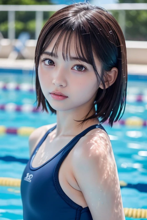 one girl, (a beauty girl, delicate girl:1.3), (12 years old:1.3), break, (Navy blue school swimsuit:1.3), break, Very detailedな明瞭さ, (Symmetrical eyes:1.3), break, (School swimming pool, Outdoor:1.3), break, Small breasts、 Brown eyes, Parted bangs, Brown Hair, girl, break, (Eye and facial details:1.0), break, (masterpiece, highest quality, Very detailed, Detailed face, 8k)