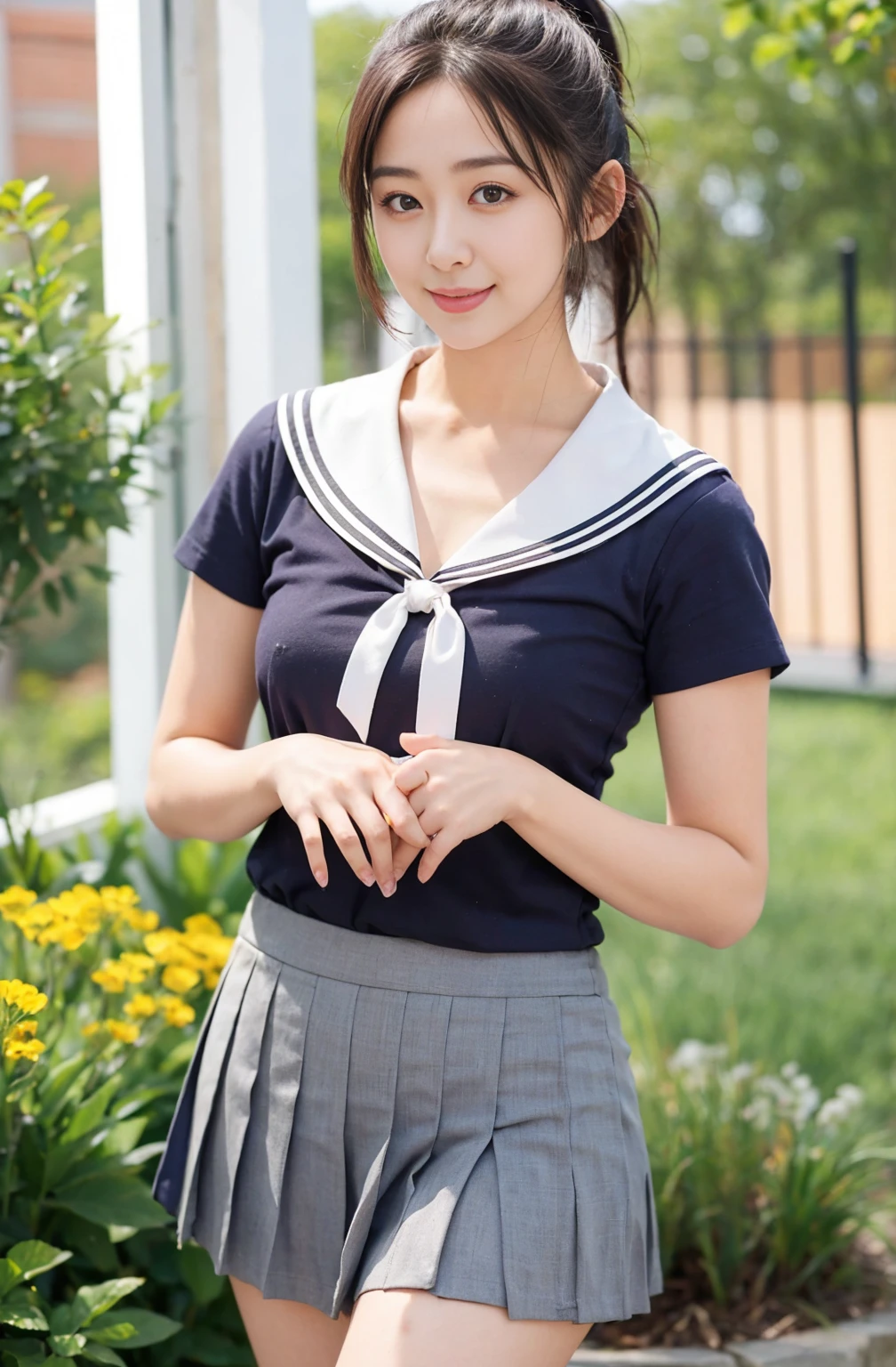highest quality、shape、Very detailed、High resolution、Perfect dynamic composition、beautifully、Perfect hair with attention to detail、Natural color lip, smile、20-year-old girl、cute、(highest quality:1.3)、(masterpiece:1.3)、(The Very detailed:1.3)、(One Girl:1.1)、(Detailed hands and fingers:1.2)、Very detailedな光沢のある肌:1.1、smile、ponytail、University garden、The weather is good、Sailor suit、Pleated mini skirt、Big Breasts、Focus on cleavage、(Are standing:1.2)