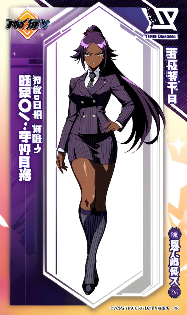 Full body Yoruichi as a thin Black business woman in a double breasted pinstripe purple skirt suit while wearing a tie with a very long purple pinstripe skirt and with purple knee socks full art