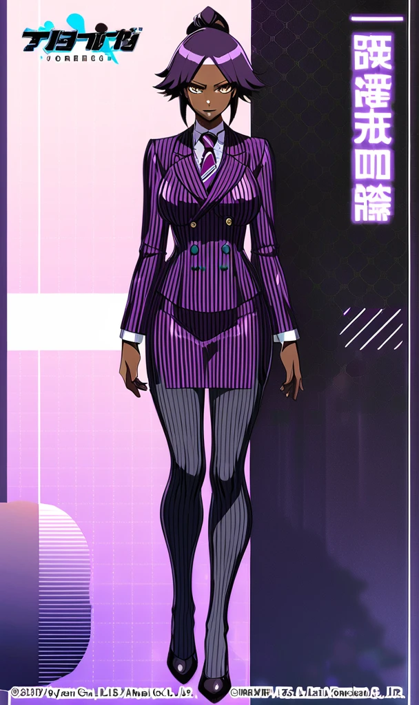  Full body Yoruichi as a thin Black business woman in a double breasted pinstripe purple  skirt suit while wearing a tie with a very long purple pinstripe skirt and with purple knee socks full art 
