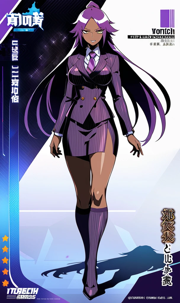  Full body Yoruichi as a thin Black business woman in a double breasted pinstripe purple  skirt suit while wearing a tie with a very long purple pinstripe skirt and with purple knee socks full art 
