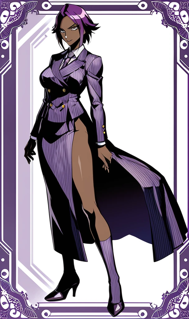  Full body Yoruichi as a thin Black business woman in a double breasted pinstripe purple  skirt suit while wearing a tie with a very long purple pinstripe skirt and with purple knee socks full art 
