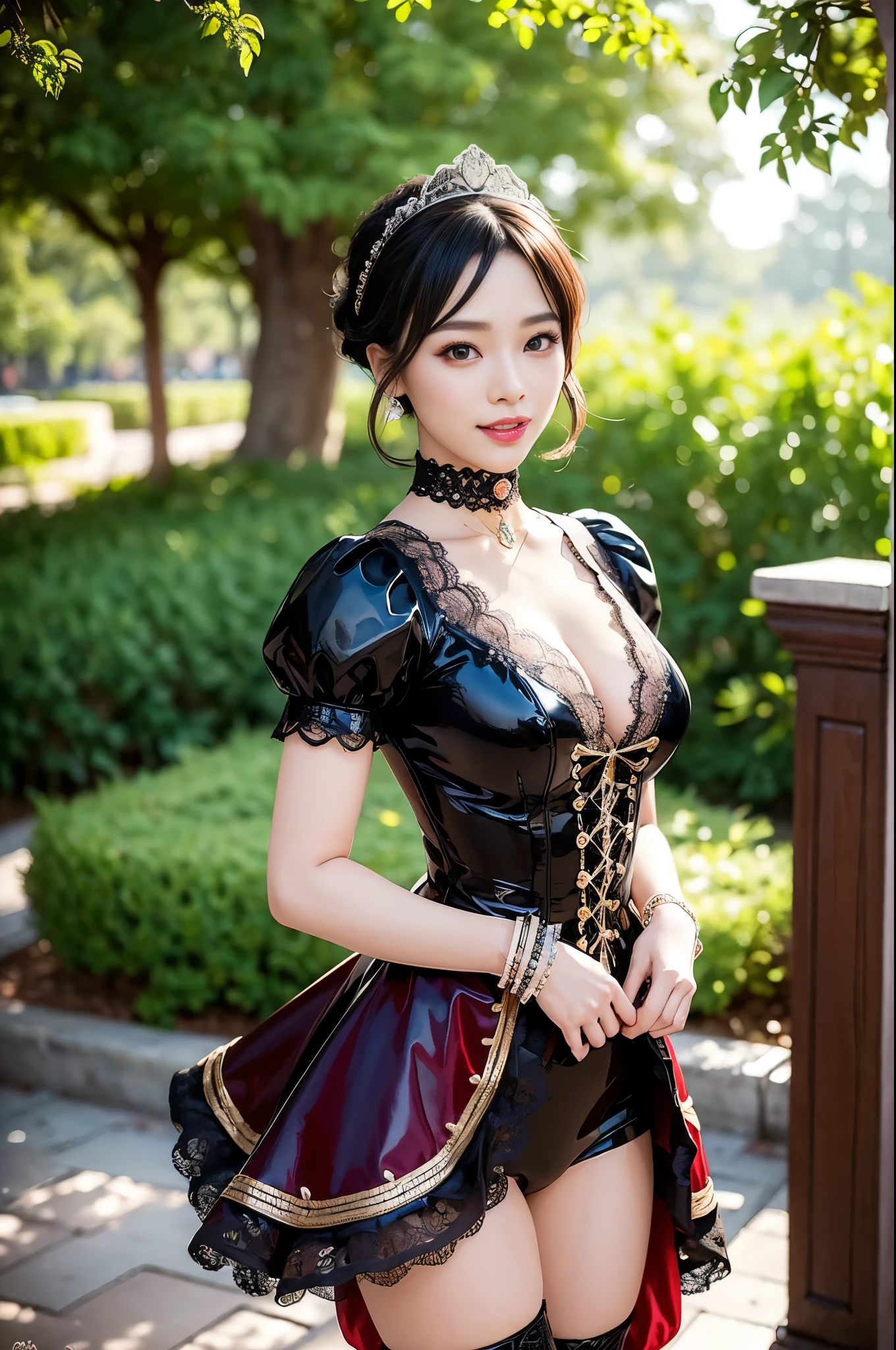 nsfw, sexy stylish Thai model, only 1 female, ((doll-like appearance)), short Mahogany stylish hair, ((shiny Victorian-Style boots)), (big smile), ultra detailed eyes, vivid eye makeup, lip-gloss, long lashes, defined eyebrows, ((sexy Paradise Kiss cosplay)), bell-shaped skirt, petticoats, high neckline, puffed sleeves, ((ultra detailed lace)), ((ultra detailed embroidery)), intricate details, Paradise Kiss accessoires and matching headpiece, choker, ((large sparkling Paradise Kiss jewelry)), cinematic light, detailed large park background with trees