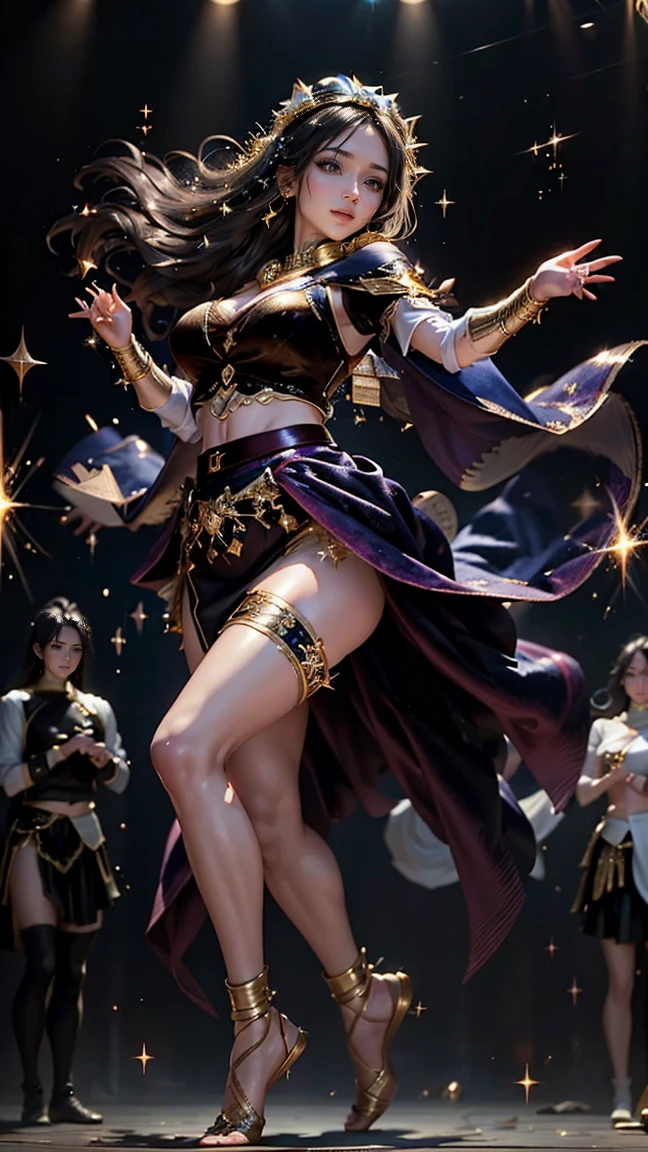 quality\(8k,wallpaper of extremely detailed CG unit, masterpiece,hight resolution,top-quality,top-quality real texture skin,hyper realisitic,increase the resolution,RAW photos,best qualtiy,highly detailed,the wallpaper,cinematic lighting,ray trace,golden ratio\), BREAK ,solo,1girl\(dancer\((Belly_dance:1.3),Raqs Sharqi\),Arabic,(face veil:1.7),dark skin, shiny skin, cleavage, wearing jewels, wearing bedlah\(belly_dance dress,beautiful\), crystal jewelry,( smiling under face veil), beautiful hair, long hair,floating hair,shiny hair,starly hair, wavy hair, bracelets, necklace, earrings,wearing makeup\(eyeshadow,lips\),long eyelashes,(dynamic pose:1.3),motion blur on costume,(abs),breast,(dancing\(beautiful dance\):1.5),big eye,beautiful eye,shiny skin,smooth skin,slender,stirring,wet skin,sweat,(Navel piercing\(big,beautiful jewelry\))\), BREAK ,background\(inside golden arabic palace,(very dark:1.4), luxury, many shiny reflects\),(long shot:1.4),(wide shot:1.4),full body,(dynamic angle:1.6),long shot