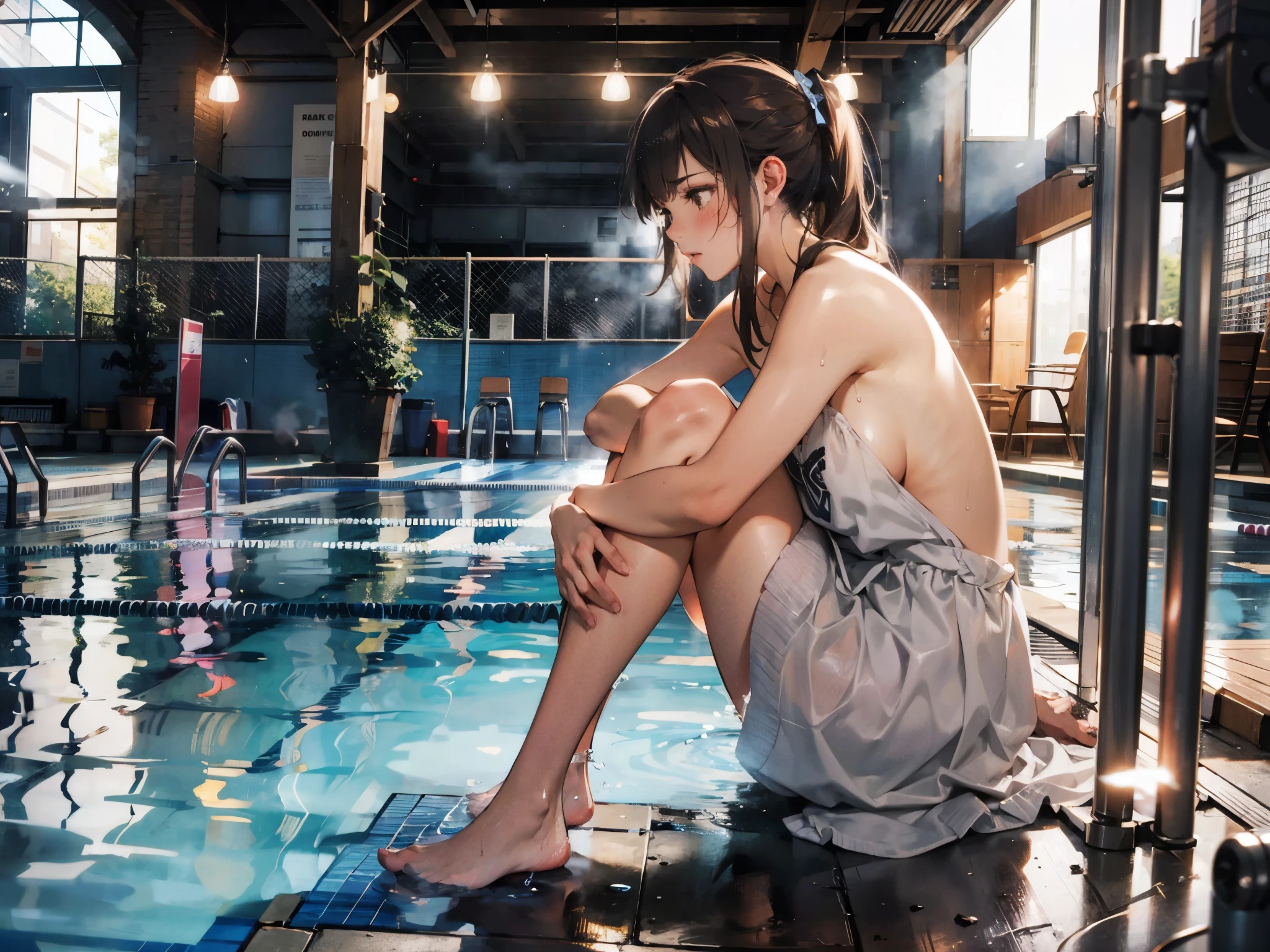 (extremely detailed CG unity 8k wallpaper), (masterpiece), (best quality), (ultra-detailed), (best illustration), (best shadow), (absurdres), Honors Type, Really blushing, ************, high school girl, (naked:1.5), ponytail brown hair, sweaty healthy body, wetting full body, bare legs, ultra realistic, early morning, breeze, (knee up:1.5), in crowded public pool, 