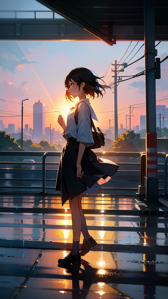 A girl on an overpass on the road,Looking at the sunrise at eight o'clock in the morning,It had just rained lightly,Clear air,Sunlight and rainwater above the road reflect on the building