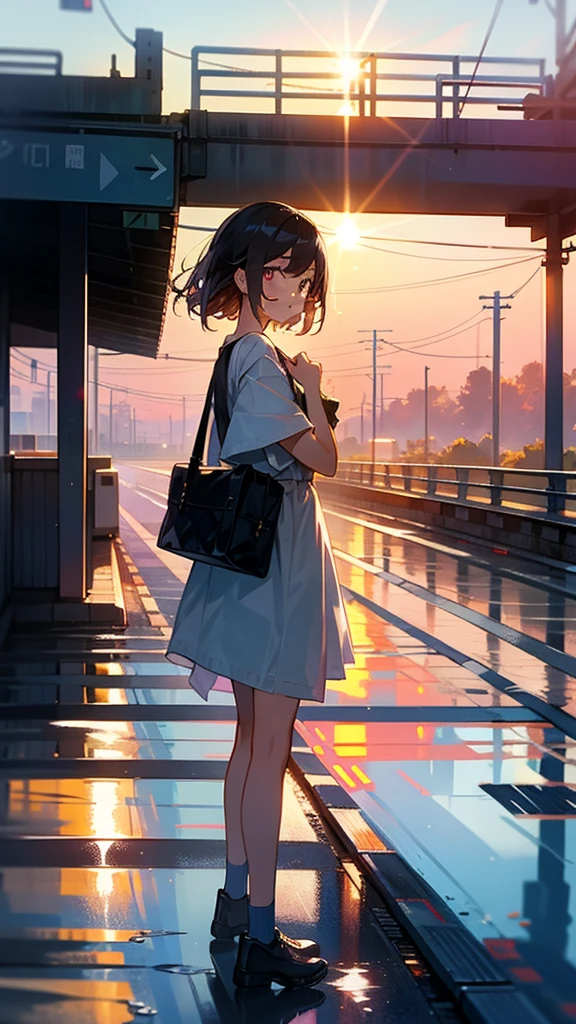 A girl on an overpass on the road,Looking at the sunrise at eight o'clock in the morning,It had just rained lightly,Clear air,Sunlight and rainwater above the road reflect on the building