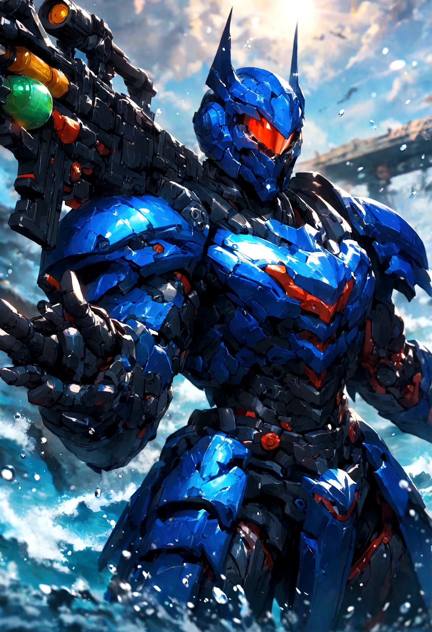 Kamen Rider,batman helmet,Blue Armor,Armed with a water gun,Ocean Background,Sci-fi Hero,highest quality,masterpiece,Cruel