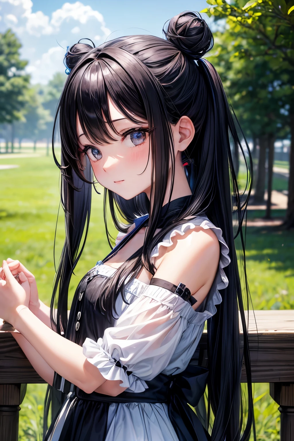 Long black hair, bun hair style, black eyes, girl, princess dress