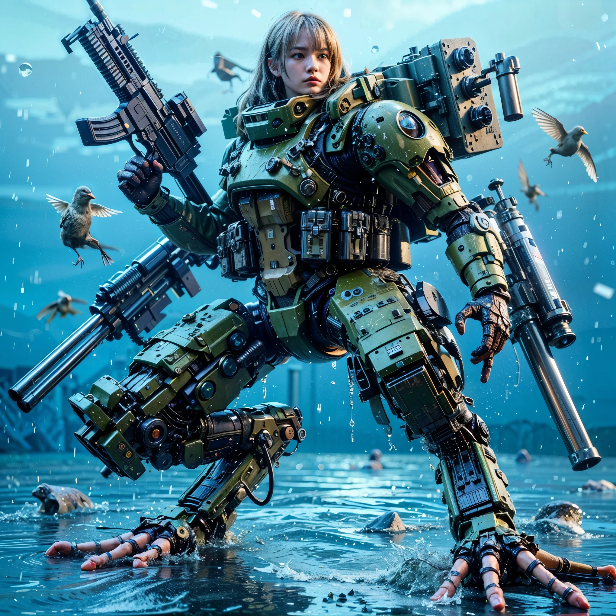 ultra high res,8k,(Photorealsitic:1.4), (beast-like animal wear:1.2), designed by Hajime Katoki,heavy weapons,vivid textures,animal legs, gradation hair, japanese female soldier,(ultra beautiful face),((super realistic all textures)), ((super intricate all details)), full body shot, ultra sharp photo result, Acrylic Clear Cover, Hydraulic cylinder, style, taken with Fuji film X-T30+Nokton. HDR10,Minimum of 4 pieces created