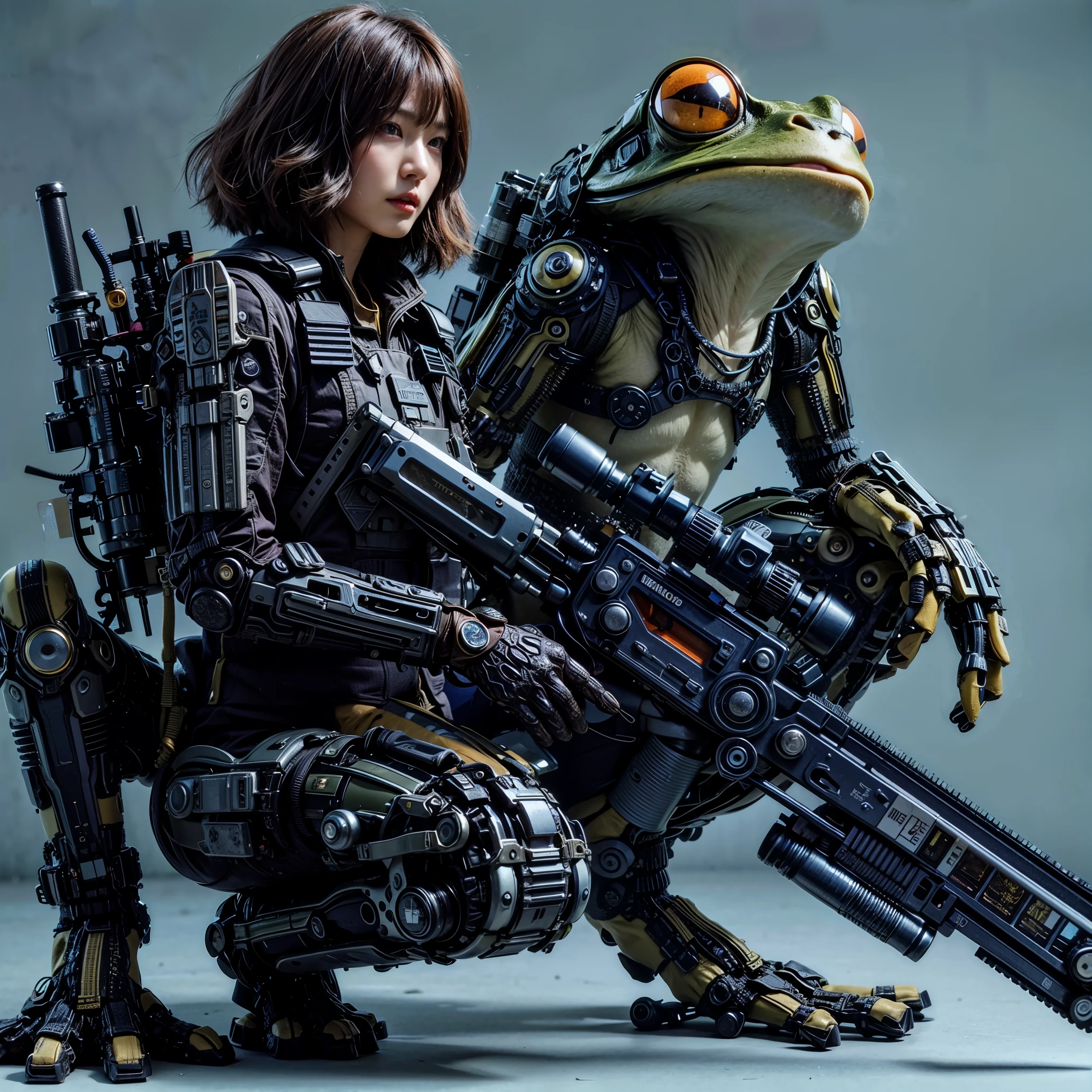 ultra high res,8k,(Photorealsitic:1.4), (beast-like animal wear:1.2), designed by Hajime Katoki,heavy weapons,vivid textures,animal legs, gradation hair, japanese female soldier,(ultra beautiful face),((super realistic all textures)), ((super intricate all details)), full body shot, ultra sharp photo result, Acrylic Clear Cover, Hydraulic cylinder, style, taken with Fuji film X-T30+Nokton. HDR10,Minimum of 4 pieces created