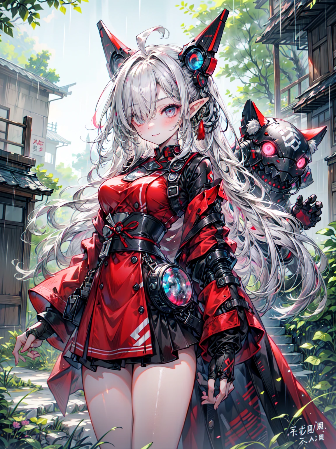 Two Samurai , （Cowboy Shot).Gray Hair .Lolita.Fantasy.1人の侍 guarding in the forest at night, yasuke.fog. robot忍者.shinobi robot. Red eyes, rain. Dark Night. 背中に剣をdevice. Katana is behind. robot. device. screw. lamp. lamp. Wire on the back. Catch the Back Alley Monster.UE5 の CGI.Abandoned house.please.Bright Eyes.Red suit.robotヘルメット.Red leather clothing. Blake、Big Breasts、非常にdetailed (Dark Elf), (1 girl), alone, Perfect Face, detailed, Ahoge, ((Long Hair:1.2)), (Hair above one eye:1.3), [[Messy Hair]], Shiny blonde white hair, Purple eyes, Variegated eyes, Colorful Hair, Shining Eyes, Bright Eyes, Face imprint, (eyelash, eye shadow, pink eye shadow), smile, design art by Mikimoto Haruhiko, by Kawashi, by Yoshitaka Amano,Blake、 ((Perfect Anatomy)), Nice body, Big Breasts、(非常にdetailed指), Best Hand, Perfect Face,(Perfect Fingers), Correct Anatomy,