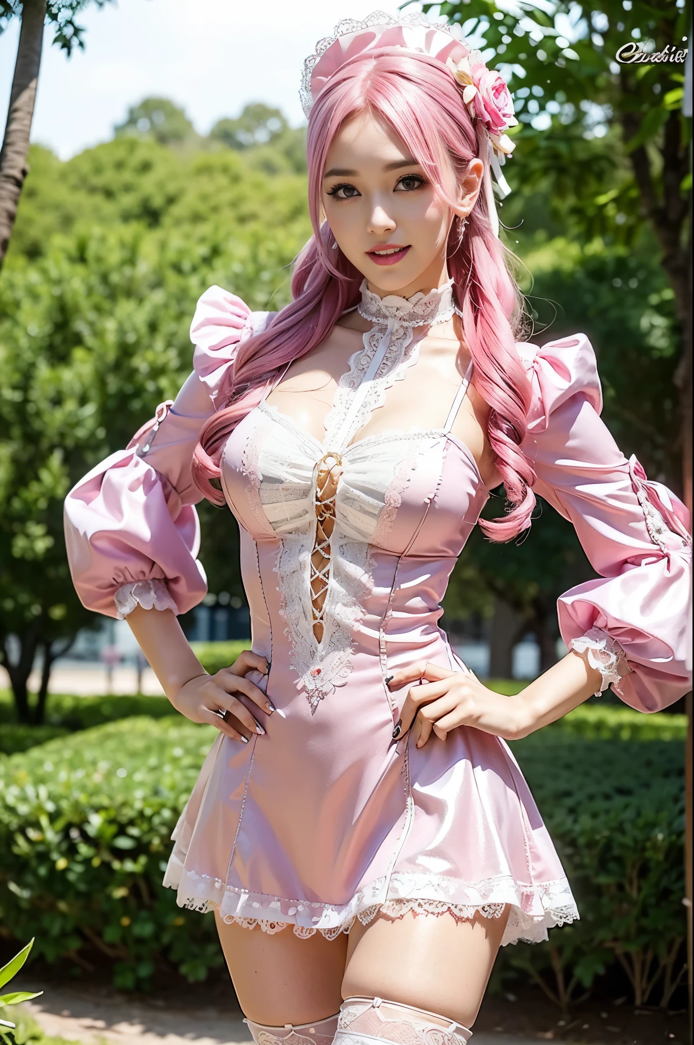 (nsfw), sexy stylish Swedish model, only 1 female, ((doll-like appearance)), short neon pink stylish hair, ((shiny Victorian-Style boots)), (big smile), ultra detailed eyes, vivid eye makeup, lip-gloss, long lashes, defined eyebrows, ((sexy Paradise Kiss cosplay)), bell-shaped skirt, petticoats, high neckline, puffed sleeves, ((ultra detailed lace)), ((ultra detailed embroidery)), intricate details, Paradise Kiss accessoires and matching headpiece, choker, ((large sparkling Paradise Kiss jewelry)), cinematic light, detailed large park background with trees