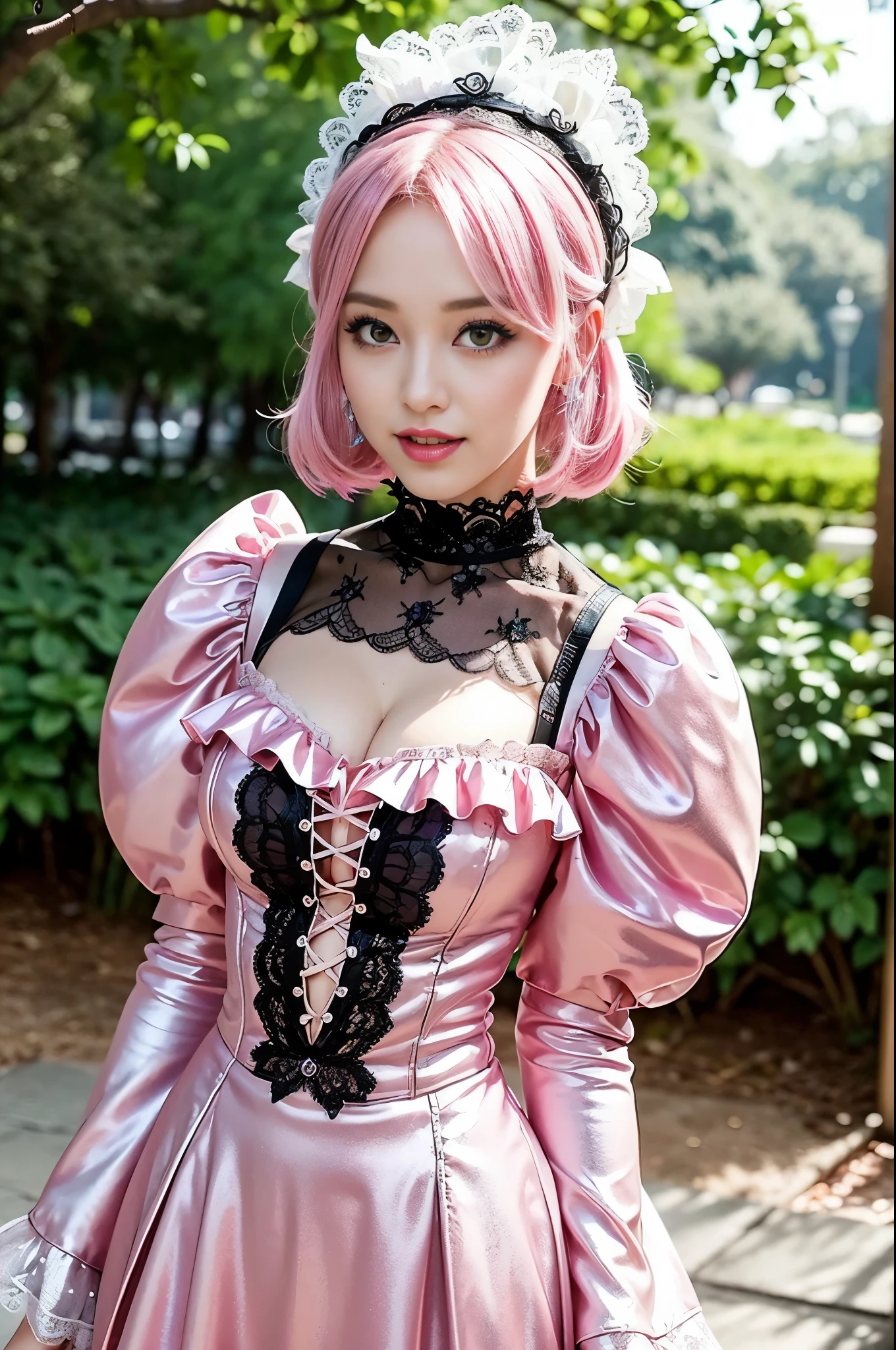 (nsfw), sexy stylish Swedish model, only 1 female, ((doll-like appearance)), short neon pink stylish hair, ((shiny Victorian-Style boots)), (big smile), ultra detailed eyes, vivid eye makeup, lip-gloss, long lashes, defined eyebrows, ((sexy Paradise Kiss cosplay)), bell-shaped skirt, petticoats, high neckline, puffed sleeves, ((ultra detailed lace)), ((ultra detailed embroidery)), intricate details, Paradise Kiss accessoires and matching headpiece, choker, ((large sparkling Paradise Kiss jewelry)), cinematic light, detailed large park background with trees