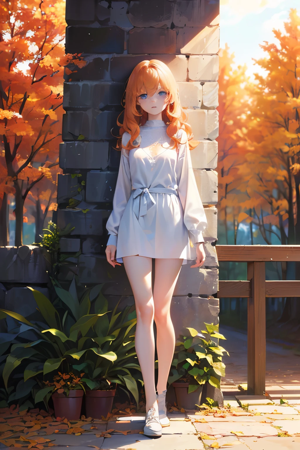 Top quality face, (full-body view), ((Top Quality, 8k, Masterpiece: 1.3)), girl, ((wavy hair, pale skin, long light ginger hair),((light blue eyes)), freckles, warm light,( ), (very small round breasts),Ultra detailed face, detailed eyes, double eyelids, (body builder:0.8),(shiny skin:1.2), (full-body view), casual autumn clothes