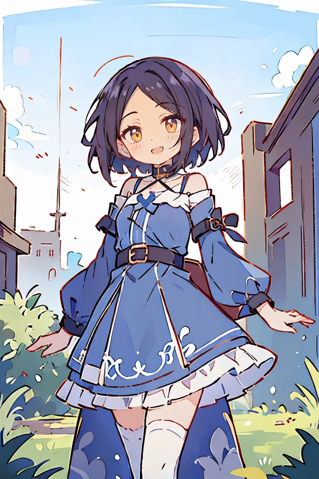 Hui Xiyi, Rekkyo Sensen, fantasy world, ruins, fort, beautiful sky, shining sky, sunshine, camisoles, belts, blue clothes, cross choker, wind blowing dress, lace dress, off-shoulder sleeves, white legwear, forehead, medium hair, short hair