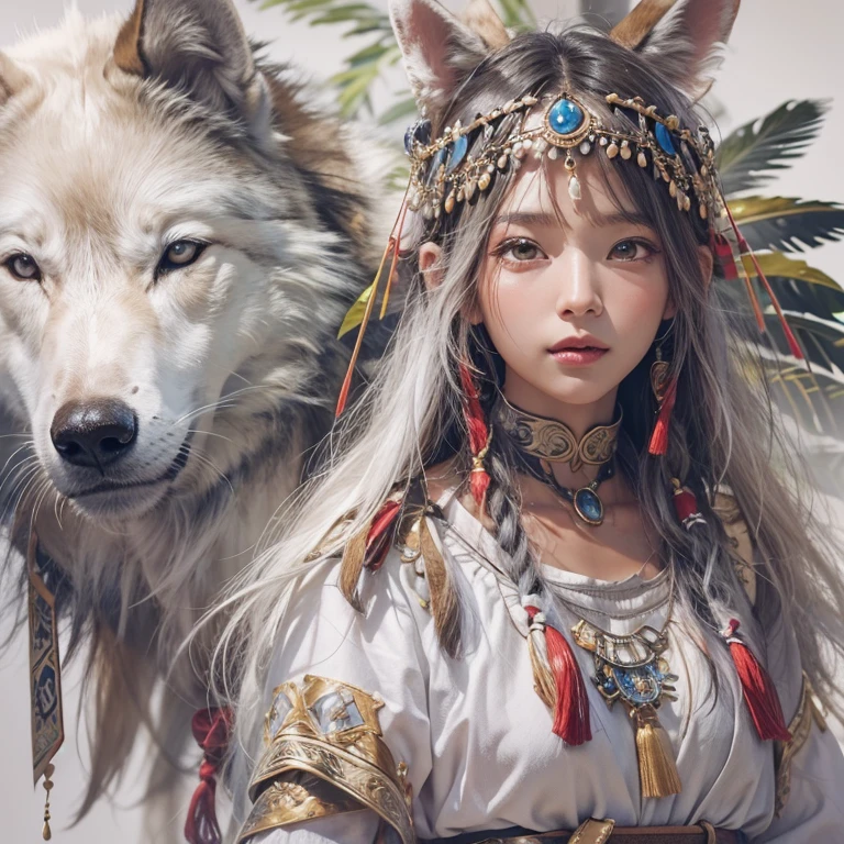 Shirakami-Sanchi、Hair flow、 ((highest quality、masterpiece、8k、Best image quality、Ultra-high resolution、Award-winning works)、(Accurate anatomy:1.1)、(Look at me and smile:1.1)、Shining fair skin with Ultra-high resolution、The most detailed face、Ultra-high resolution detailed face、Ultra-high resolutionの髪の毛、(Ultra-high resolutionの煌めく瞳:1.1)、Beautiful face drawn in every detail、(Blurred Background:1.1)、Native American white costume, American Indian Clothing, Chest to chest, tattoo、A real giant condor next to you。Observe the white wolf