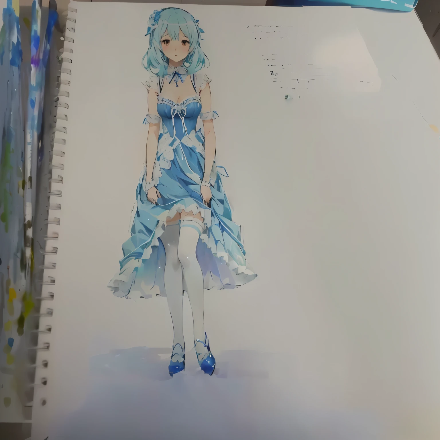 Painting of a woman in a blue dress,  In a dress, Cute anime waifu in a nice dress, Clear costume design, Anime full body illustration, Anime Drawings, by Yuki Ogura, Full body portrait of a short!, Cute anime character design, !!Full body portrait!!, in ryuuou no oshigoto art style