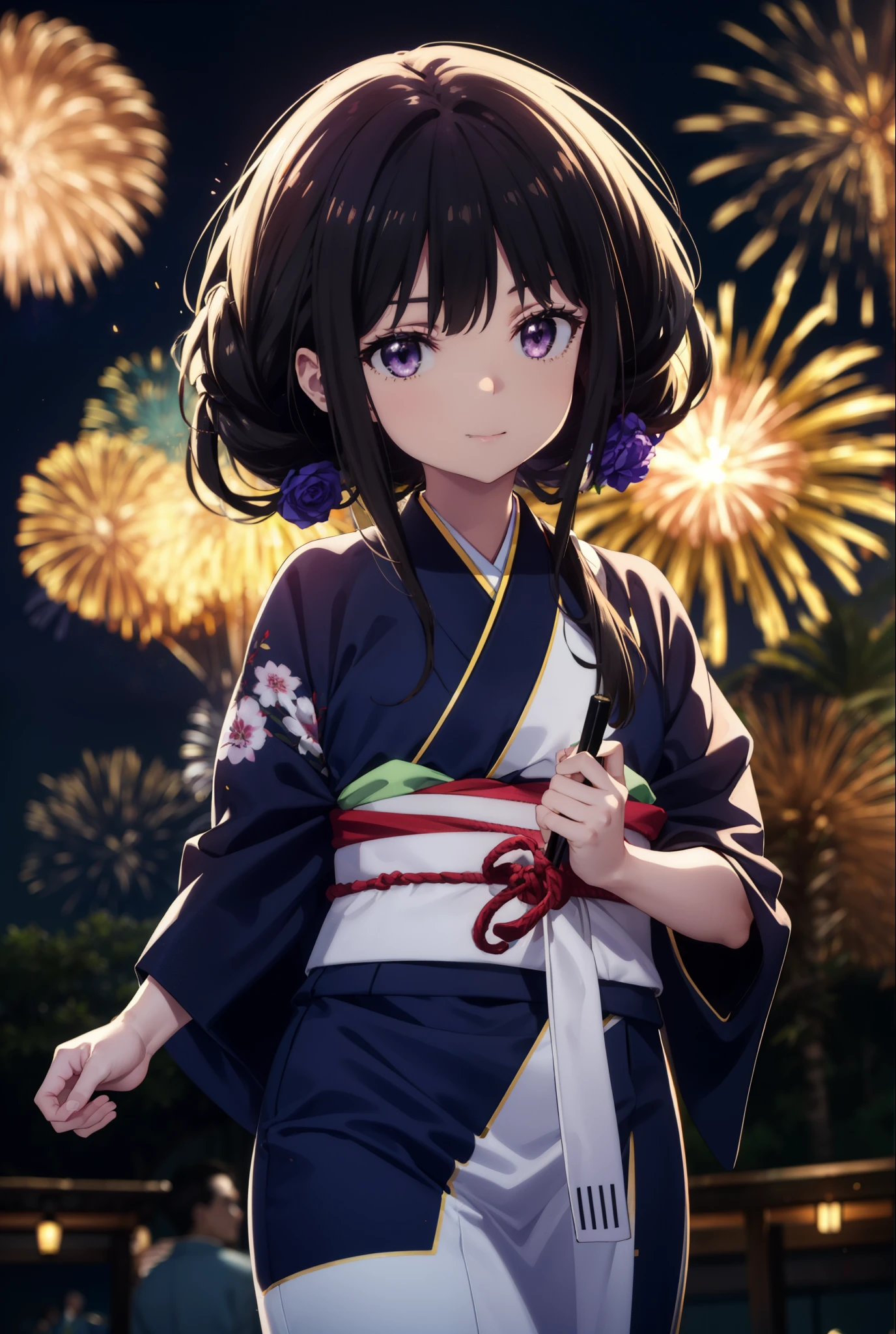 Takiuchi, Check it out,One Girl, Long Hair, bangs, Black Hair, (Purple eyes:1.2),Flower Hair Ornaments,hair tied back,smile,blush,Embarrassing,Blue Kimono,Sandals,日本のfestival，夏festivalの屋台、Red lantern,Fireworks in the night sky,Fireworks,The place is a fireworks display,Time is night,whole bodyがイラストに入るように,Looking up from below、Walking,
break outdoors, festival,shrine,
break looking at viewer, whole body,  (Cowboy Shot:1. 5)
break (masterpiece:1.2), highest quality, High resolution, unity 8k wallpaper, (figure:0.8), (Beautiful fine details:1.6), Highly detailed face, Perfect lighting, Highly detailed CG, (Perfect hands, Perfect Anatomy),