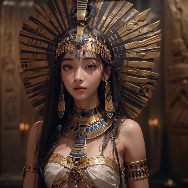 Standing in an ancient Egyptian cave、Hair blowing in the wind 、 ((highest quality、masterpiece、8k、Best image quality、Ultra-high resolution、Award-winning works)、(Accurate anatomy:1.1)、(Look at me and smile:1.0)、Shining fair skin with Ultra-high resolution、The most detailed face、Ultra-high resolution detailed face、Ultra-high resolutionの髪の毛、(Ultra-high resolution eye:1.1)、Beautiful face drawn in every detail、Ancient Egyptian costumes, Chest to chest, Dark atmosphere,Dark atmosphere, Ancient Egyptian makeup,