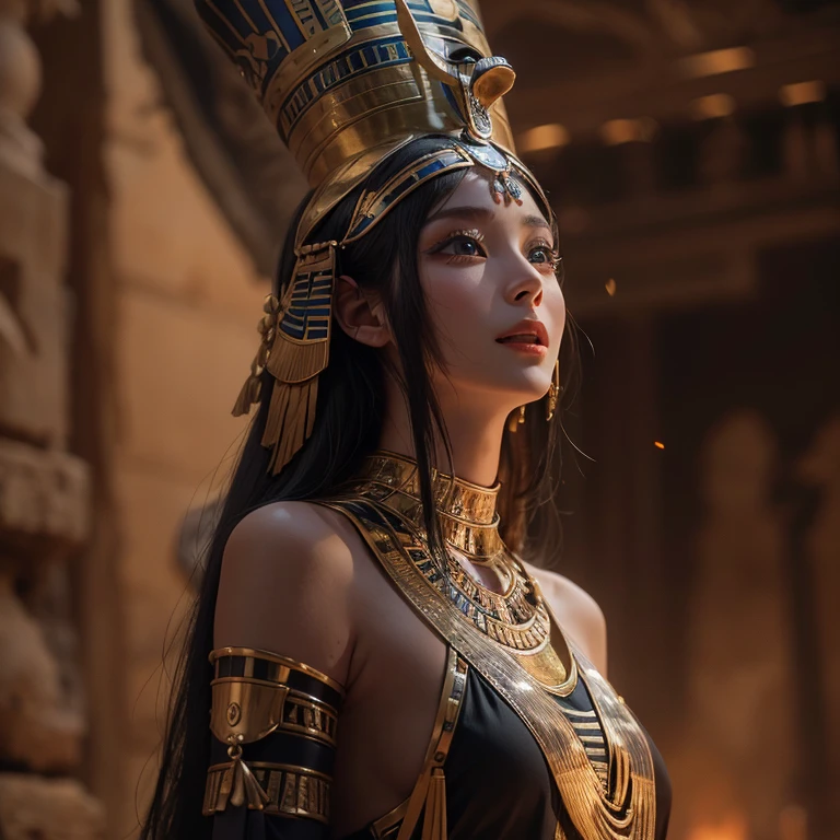 Standing in an ancient Egyptian cave、Hair blowing in the wind 、 ((highest quality、masterpiece、8k、Best image quality、Ultra-high resolution、Award-winning works)、(Accurate anatomy:1.1)、(Look at me and smile:1.0)、Shining fair skin with Ultra-high resolution、The most detailed face、Ultra-high resolution detailed face、Ultra-high resolutionの髪の毛、(Ultra-high resolution eye:1.1)、Beautiful face drawn in every detail、Ancient Egyptian costumes, Chest to chest,  Dark atmosphere,Dark atmosphere, Ancient Egyptian makeup, 