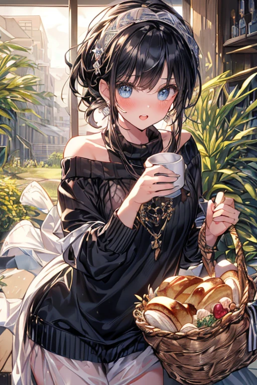 (perky chest:1.2), (pointed chest:1.2),(((Black Tunic:1.3))),(((cakes and bread in the basket),Cute and beautiful girl,Cute round face,Cute smile,with blush cheeks,Red Lip,solo, looking at viewer, open mouth, have a cute grass of cute beergrass,black hair, dark green eyes, dress, bare shoulders, jewelry, collarbone, sidelocks, hairband, earrings, indoors, off shoulder, sweater, arms behind back, plant, short hair with long locks, gild hairband, off-shoulder dress, sweater dress, off-shoulder sweater, black sweater, dark gord hair, big side hair, very long side hair,is rendered in (masterpiece: 1.2, best quality), with (ultra high resolution) and an exquisite (depth of field),(Bangs are see-through bangs),hair pin,hair adornments,detailed clothes features,Detailed hair features,detailed facial features,(Dynamic angles),(Dynamic and sexy poses),Cinematic Light,(masutepiece,top-quality,Ultra-high resolution) ,(The 8k quality,Anatomically accurate facial structure,),(Sea Art 2 Mode:1.3),(Image Mode Ultra HD) ,(Hold a coffee in your hand:1.3),delicate beautiful face, Bright blue eyes, cute eyes, sparkling eyes, Big eyes, (perky chest:1.1), (pointed chest:1.3), looking at viewer,
